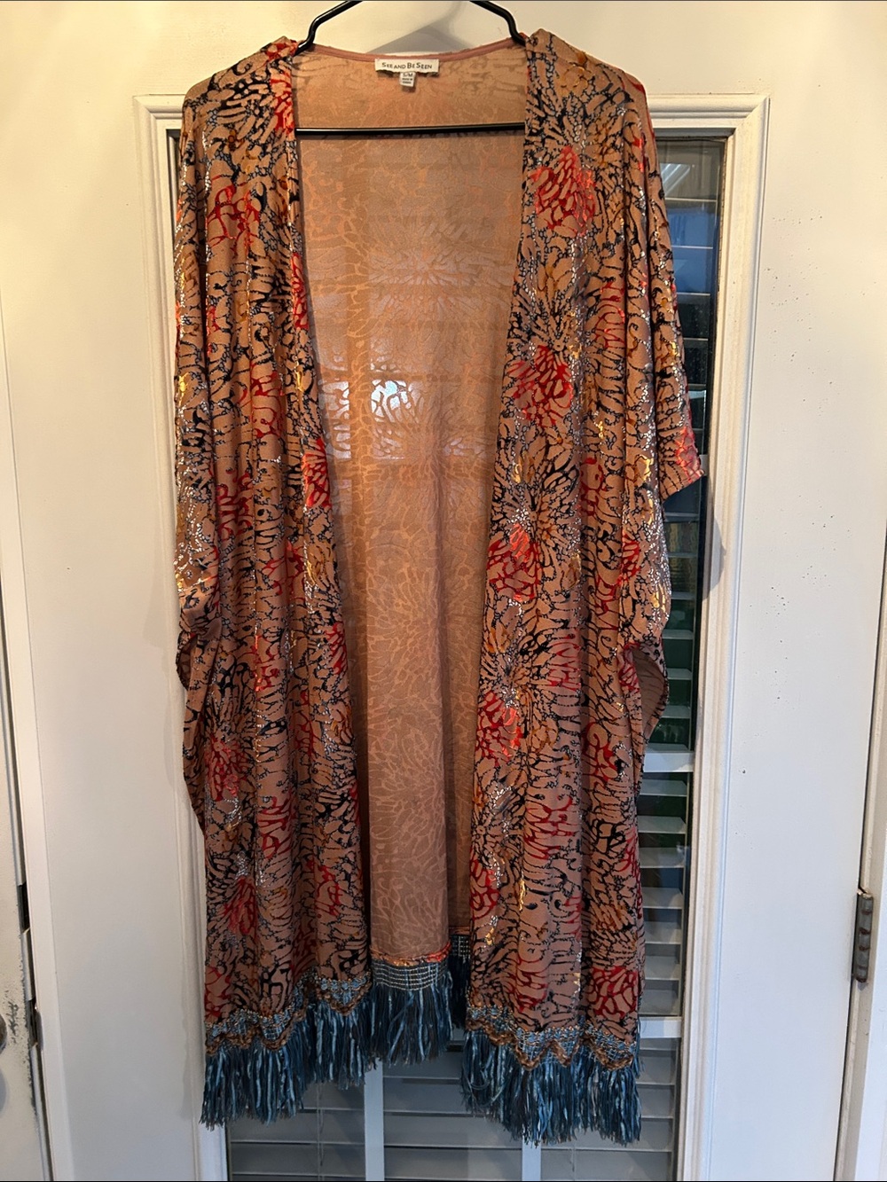 Bohemian Floral Fringe Kimono - Beige with Red & Blue Accents